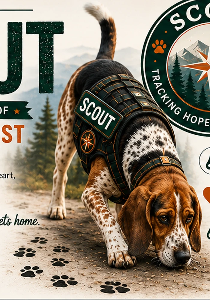 Scout, the official search dog of Lost Pet Assist, following a scent trail
